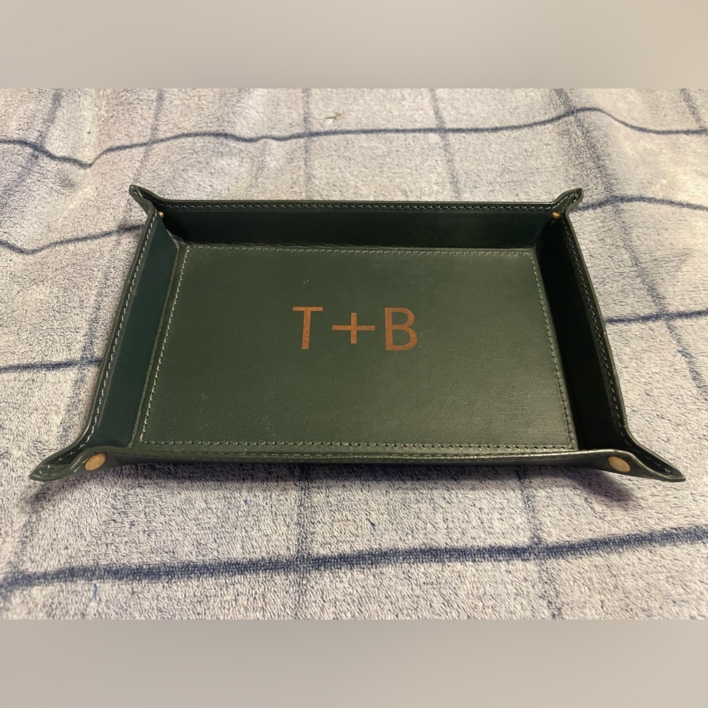 Mark & Graham green leather catchall tray -Custom in the middle with “T+B”